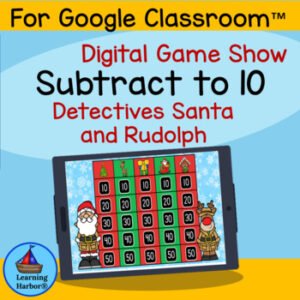 Subtract within 10 Digital Game Show Santa and Reindeer Theme