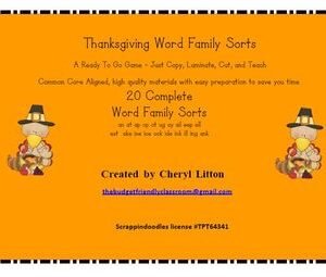 Thanksgiving Turkey Word Family Sorts With 20 Most Commonly Used Word Families